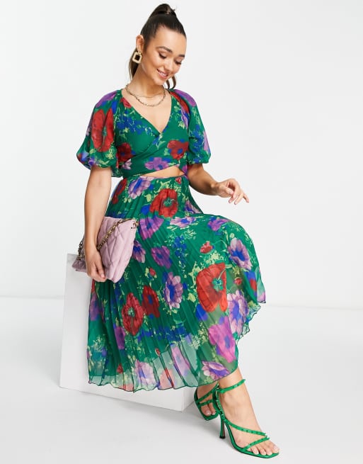 Green floral 2025 pleated dress