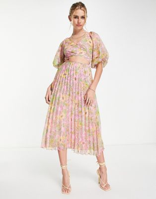 ASOS DESIGN wrap around pleated midi dress in pink based floral