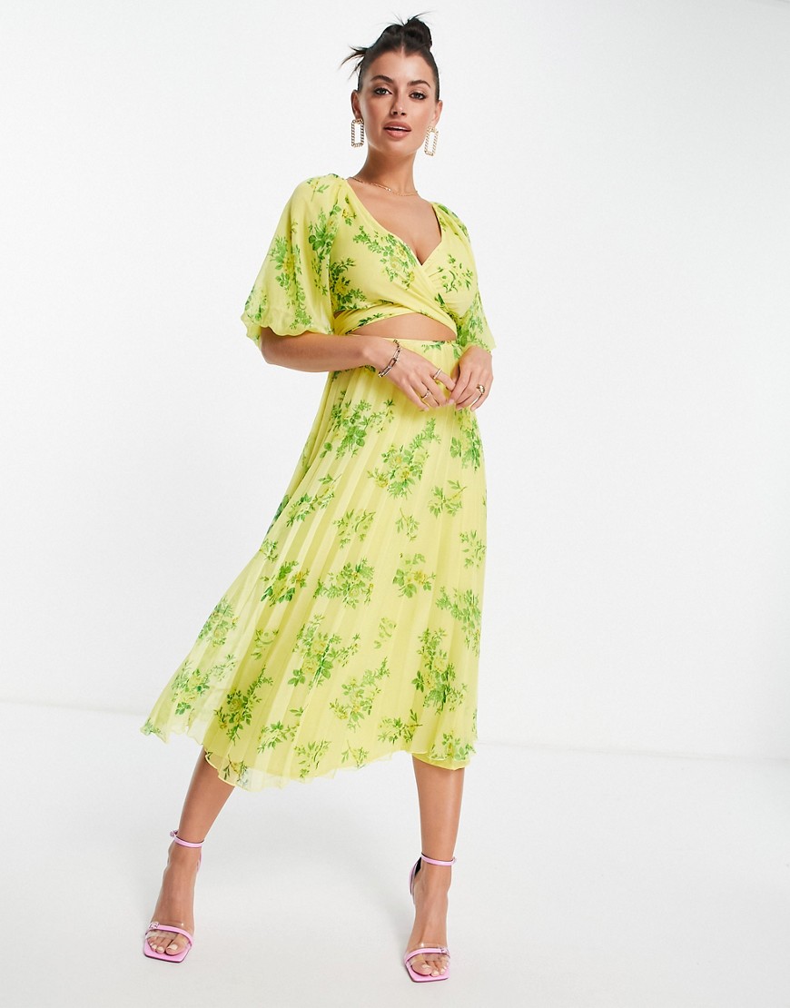 ASOS DESIGN wrap around pleated midi dress in yellow floral print-Multi
