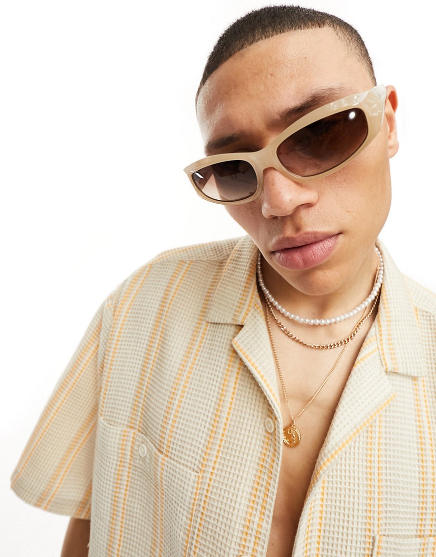 ASOS DESIGN wrap around racer sunglasses with brown lens in crystal bone
