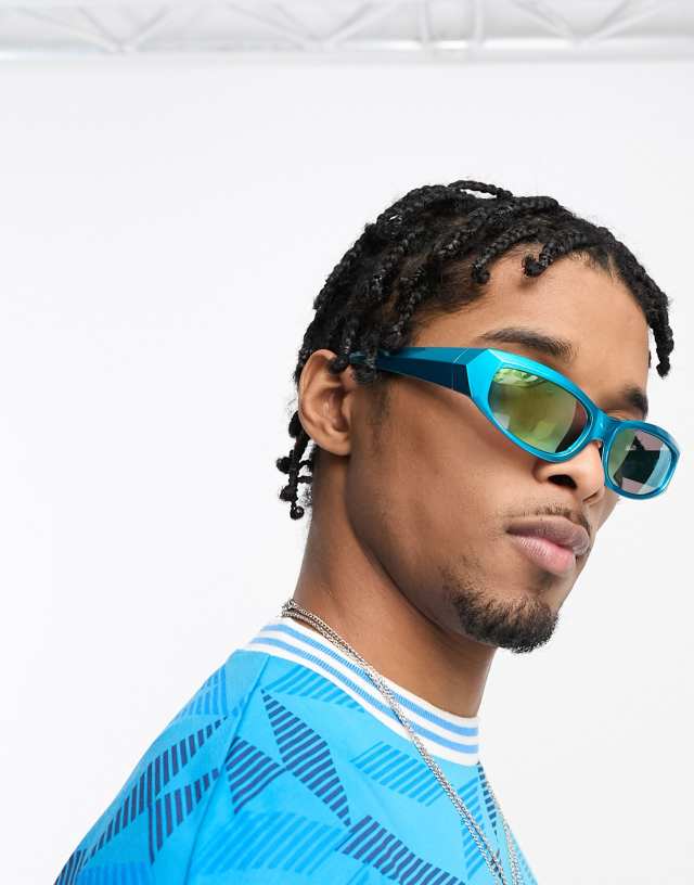 ASOS DESIGN wrap around racer sunglasses with mirror lens in blue