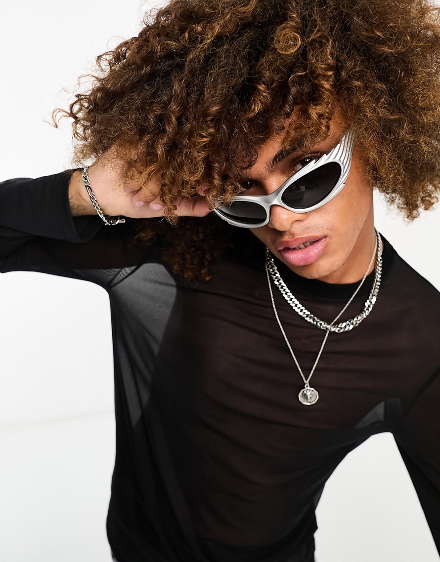 ASOS DESIGN wrap around racer sunglasses with spike frames and smoke lens in silver