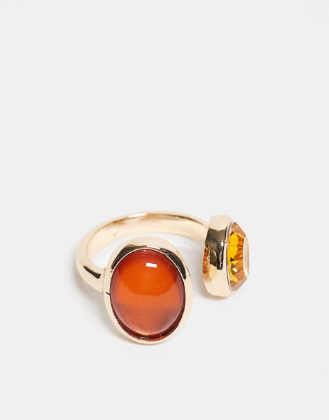ASOS DESIGN wrap around ring with amber faux semi precious stones in gold tone - view 1