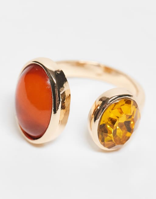 ASOS DESIGN wrap around ring with amber faux semi precious stones in gold tone, 2 of 3