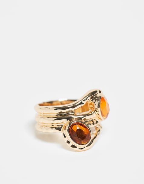 ASOS DESIGN wrap around ring with orange faux stone and resin stone set in gold tone - view 1