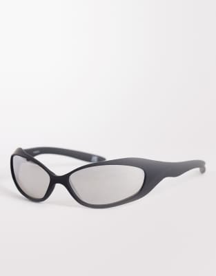 Wrap-Around-Sonnenbrille in Mattschwarz mit verspiegelten Gläsern Schwarz One Size