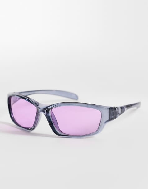 ASOS DESIGN – Wrap-around-Sonnenbrille mit Gestell in Kristallblau und violetten Gläsern - view 1