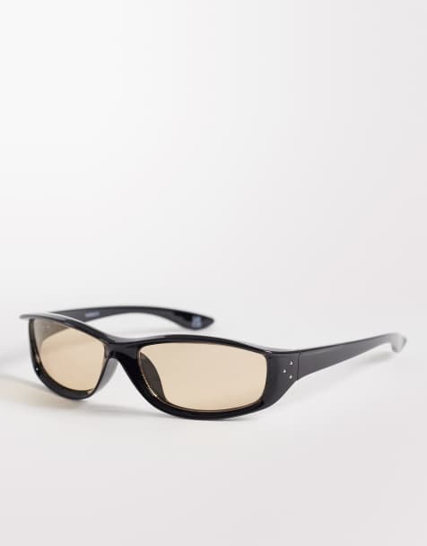 ASOS DESIGN – Wrap-Around-Sonnenbrille mit Rahmen in Schwarz und bernsteinfarbenen Gläsern - view 1