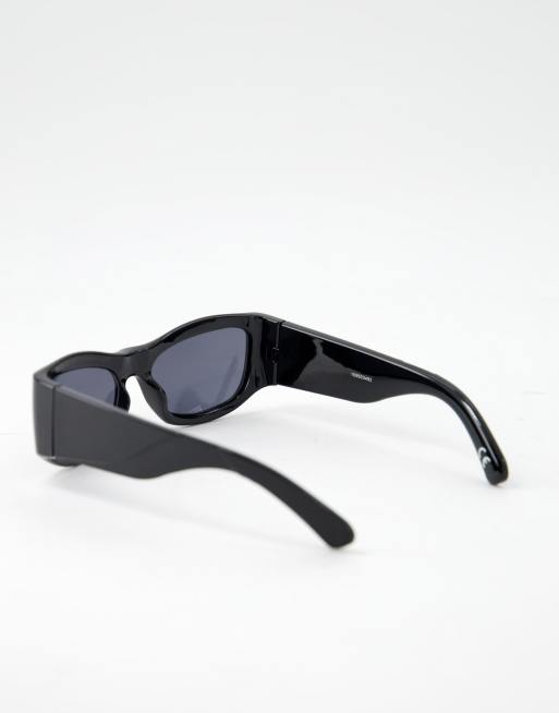 ASOS DESIGN wrap around y2k sunglasses with cyber frame detail in black with smoke lens, 2 of 4