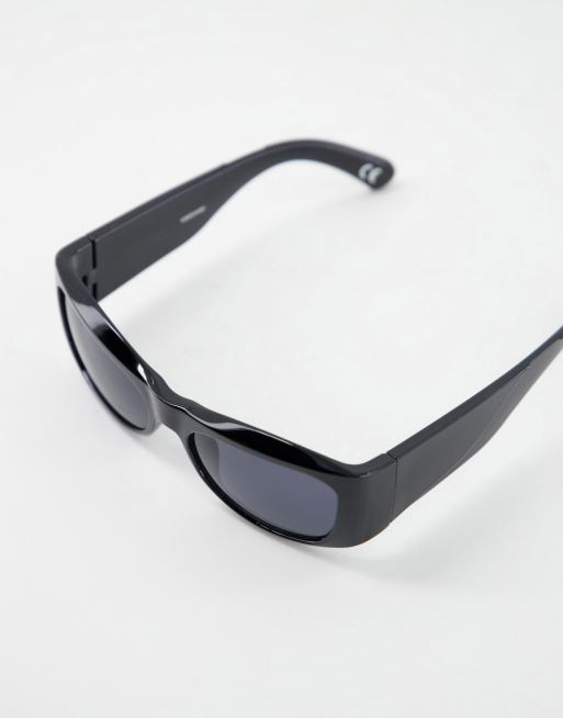 ASOS DESIGN wrap around y2k sunglasses with cyber frame detail in black with smoke lens, 3 of 4