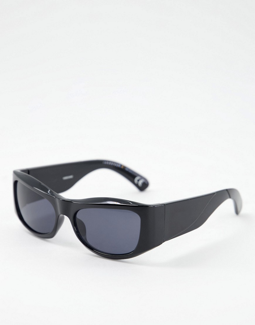 Asos Design Wrap Around Yk2 Sunglasses With Cyber Frame Detail In Black With Smoke Lens