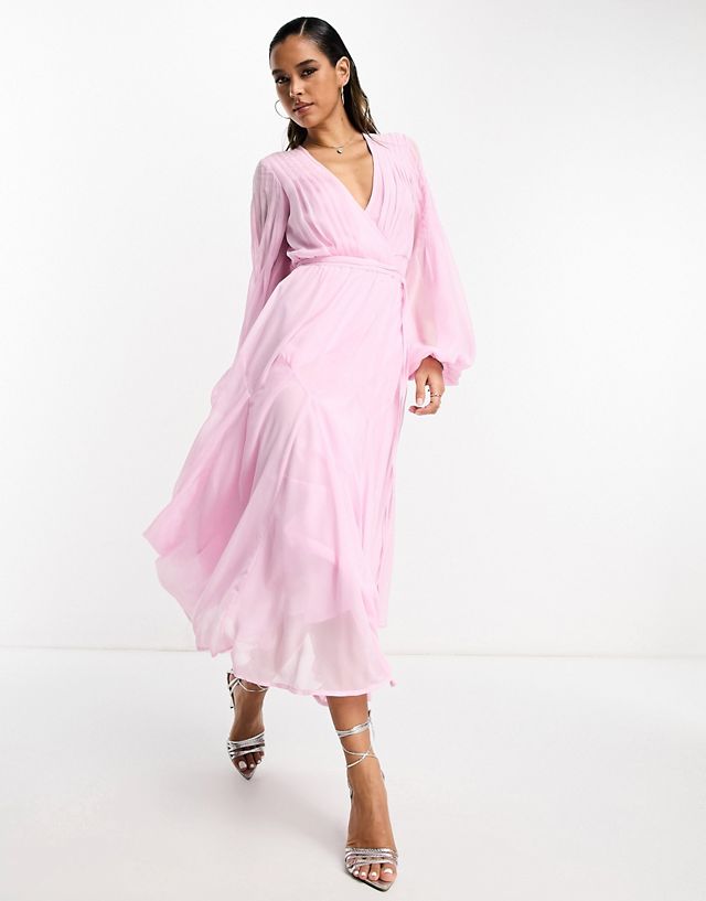 ASOS DESIGN wrap balloon sleeve midi dress with tie waist detail in pink