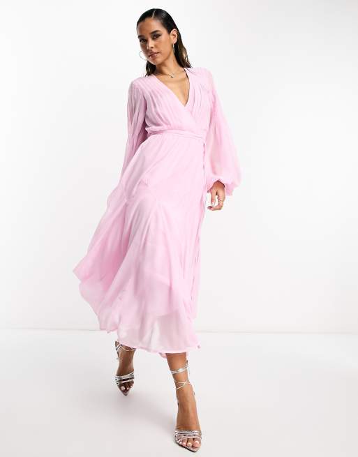 ASOS LUXE plunge maxi dress with ruched chiffon detail & open back in pink