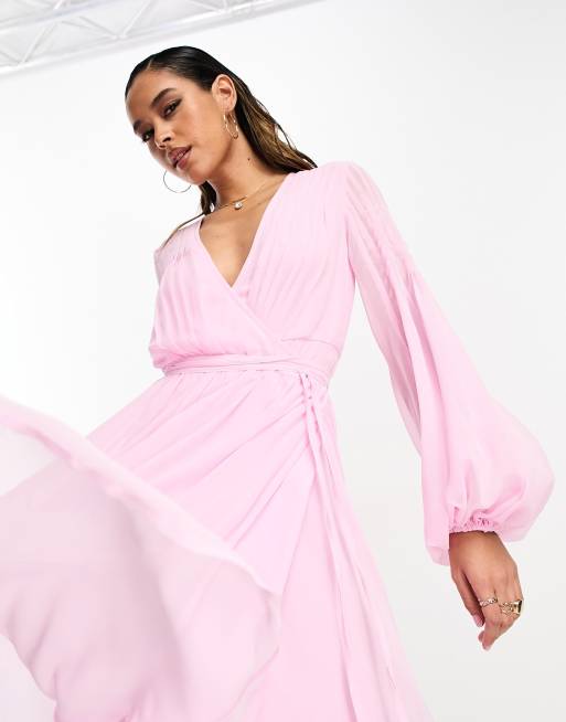 ASOS DESIGN wrap balloon sleeve midi dress with tie waist detail