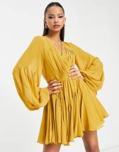 ASOS DESIGN Petite pleated blouson sleeve mini dress with belt