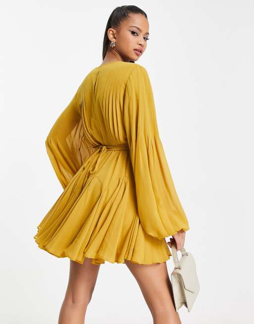 Missguided Satin Wrap Dress 4 S Small Mustard Yellow Bell Sleeve Kimono  Mini