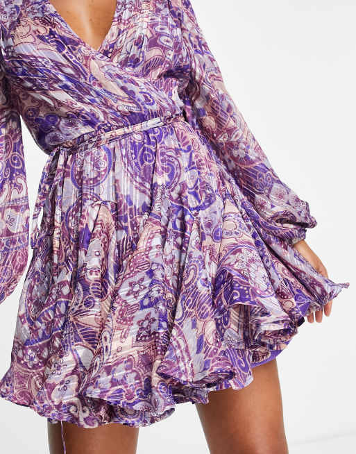 ASOS DESIGN wrap balloon sleeve mini dress with tie waist detail in purple  paisley print | ASOS