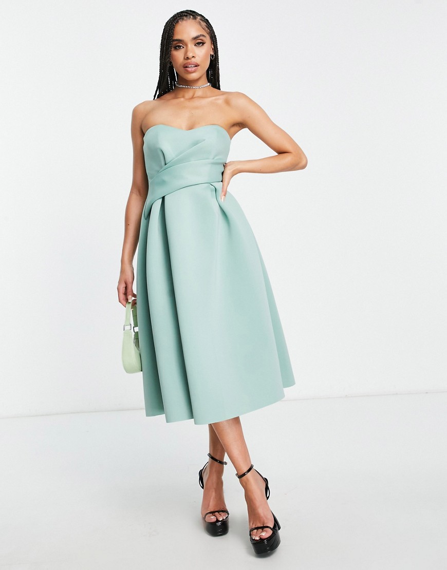 Asos Design Wrap Bandeau Prom Midi Dress In Frosty Sage-green