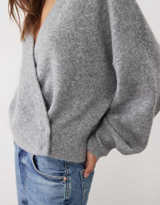 ASOS DESIGN wrap batwing cardigan in grey marl, 3 of 4