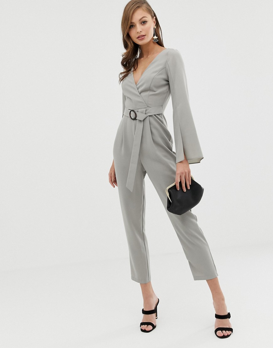 ASOS DESIGN wrap belted exaggerated sleeve jumpsuit-Grey