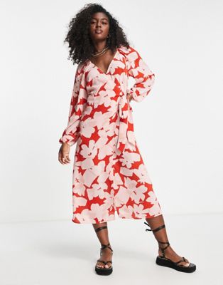 ASOS DESIGN wrap belted midi dress in large red floral print | ASOS
