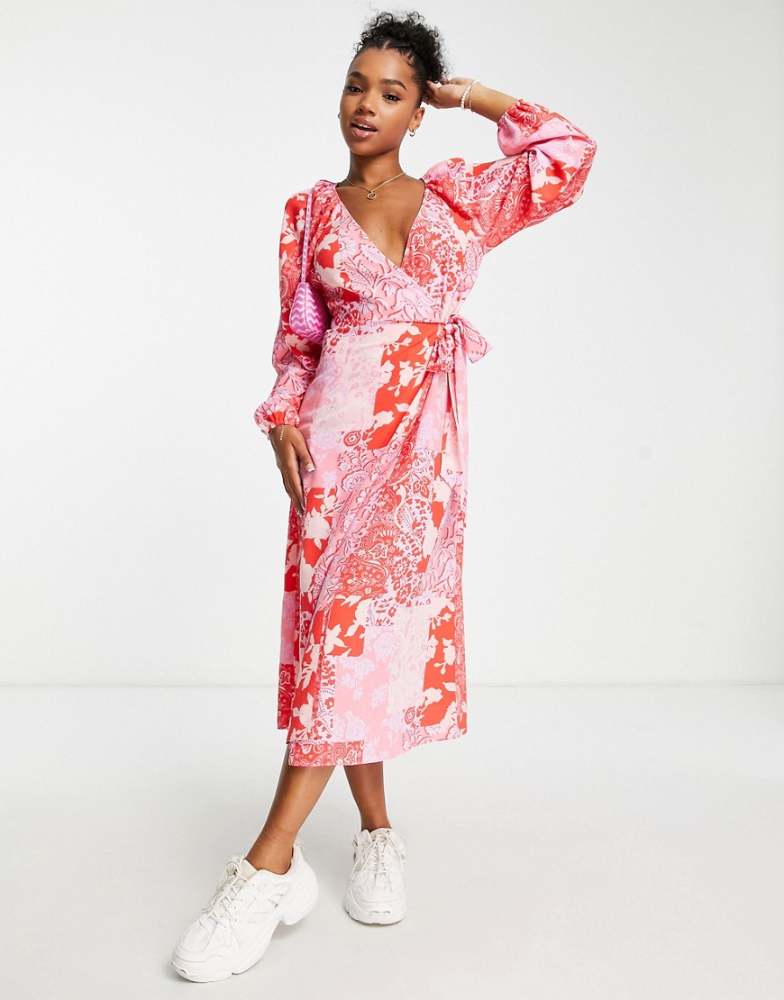 ASOS DESIGN wrap belted midi dress in lilac and red patchwork print-Multi