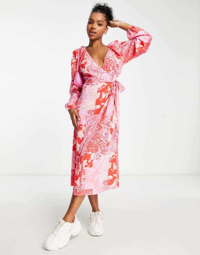 ASOS DESIGN wrap belted midi dress in lilac and red patchwork print