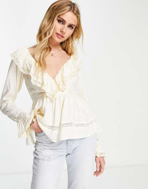 Off White Floral Chiffon Frill Wrap Blouse