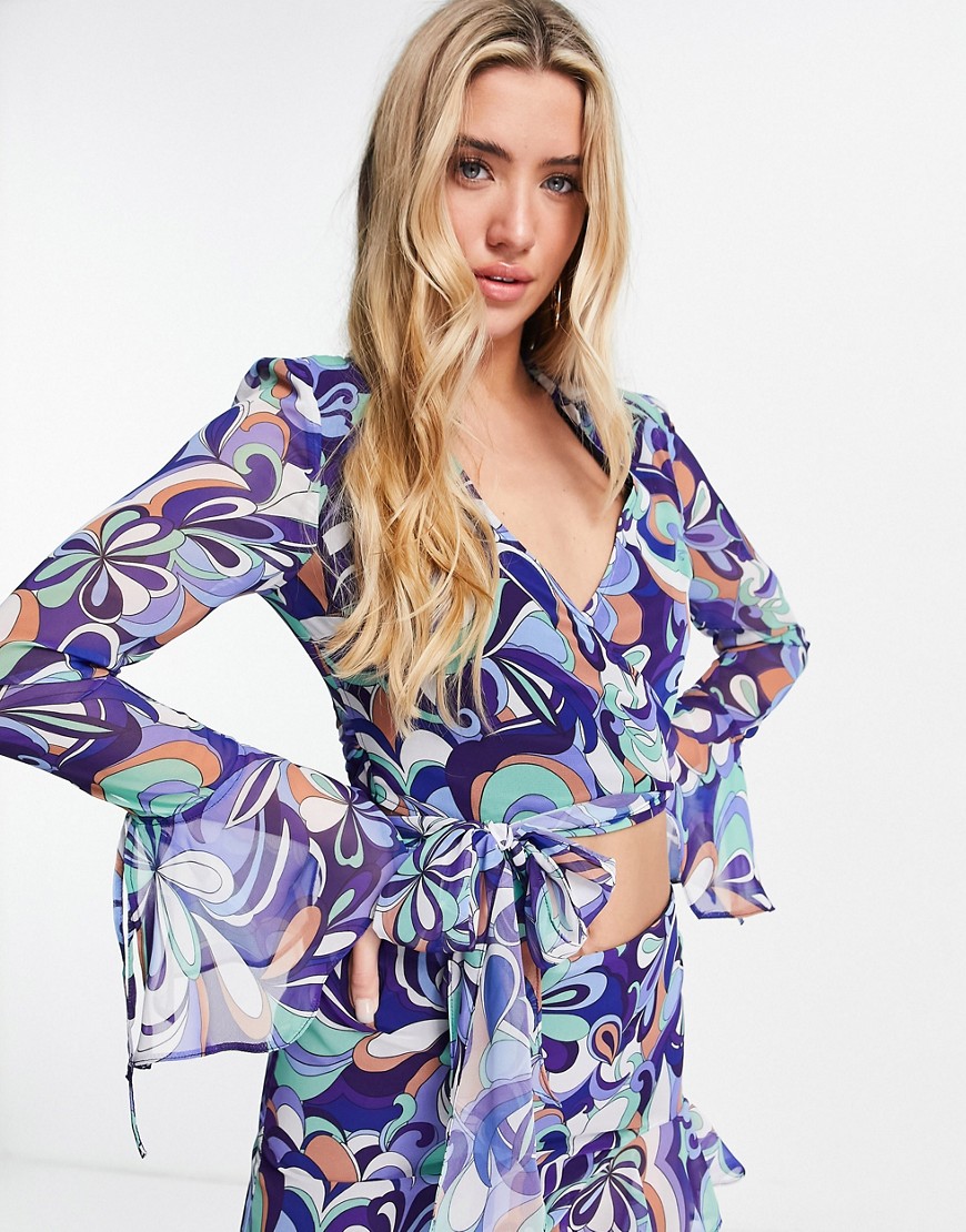 ASOS DESIGN wrap blouse with ruffle sleeve in retro swirl print - part of a set-Multi