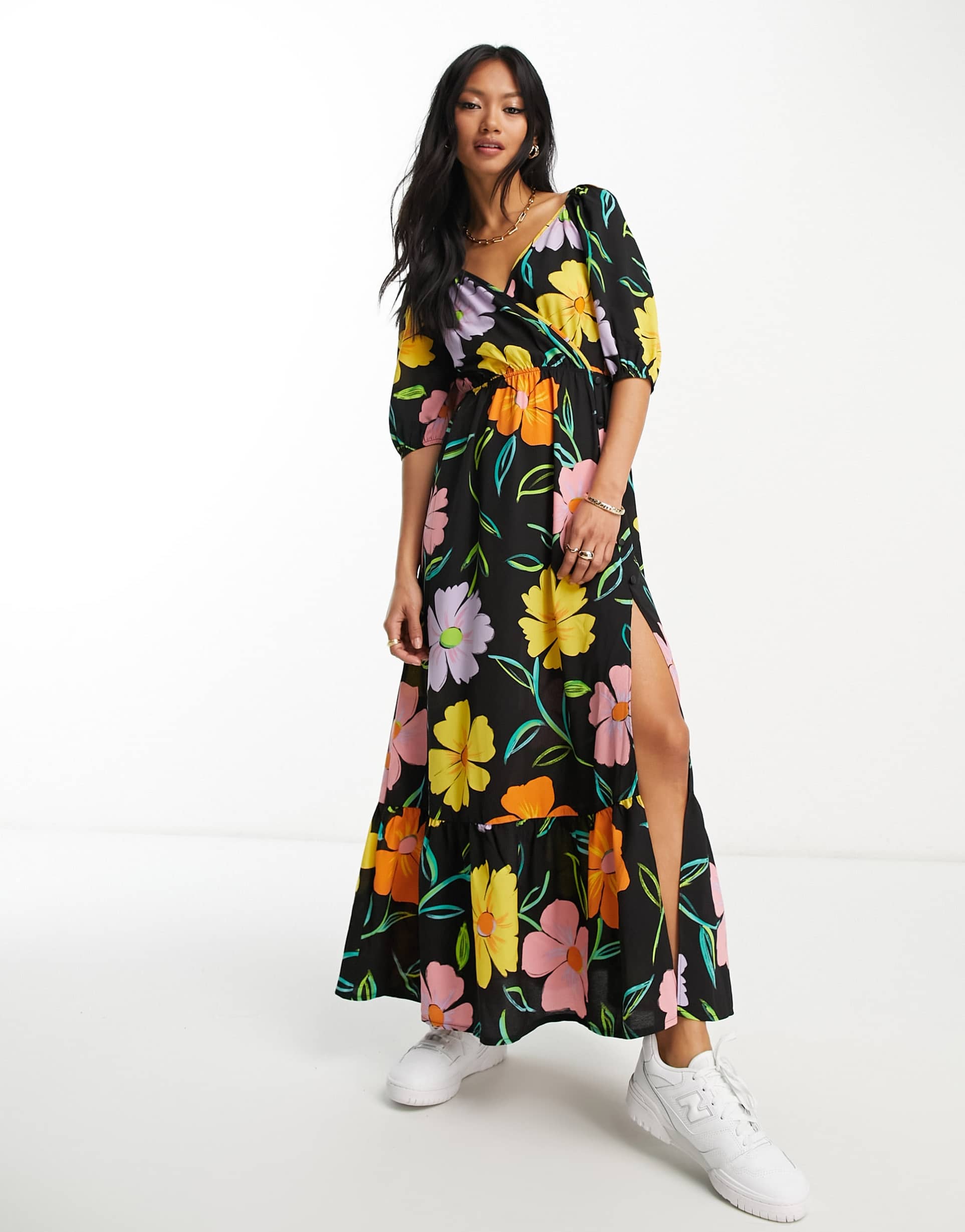 asos design wrap bodice button through skirt with pep hem midi dress in black large floral print