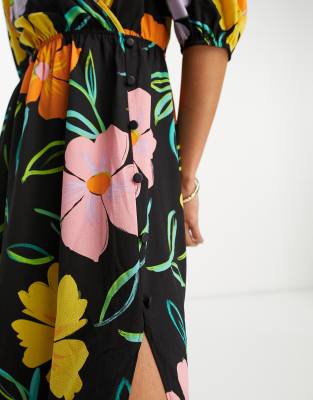 Asos Design Wrap Bodice Button Through Skirt With Pep Hem Midi Dress In Multi