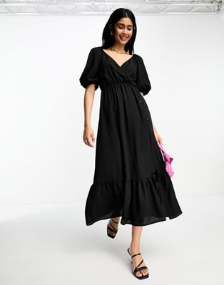 Asos Design Wrap Bodice Button Through Skirt With Pep Hem Midi Dress In Black