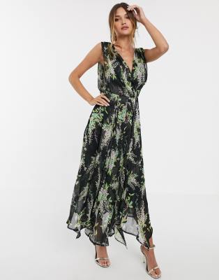 ASOS DESIGN wrap bodice maxi dress with drape back in lilac floral print with black base-Multi