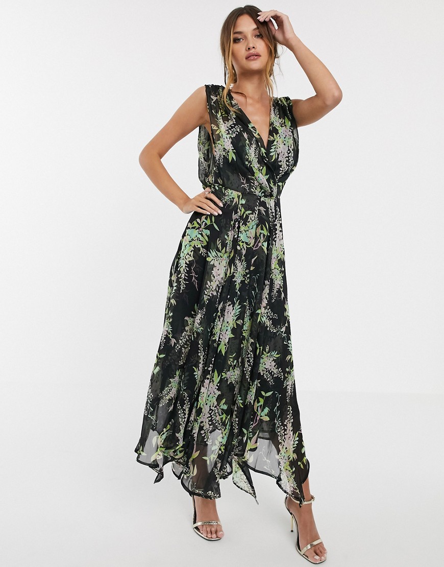 Asos Design Wrap Bodice Maxi Dress With Drape Back In Lilac Floral Print With Black Base-multi
