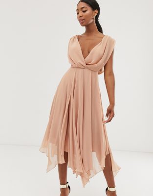 ASOS DESIGN wrap bodice midi dress with drape back-Pink