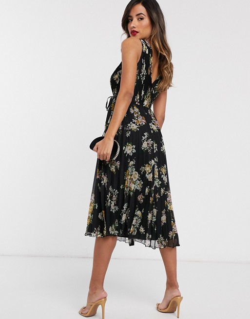 ASOS DESIGN wrap bodice midi dress with tie waist and pleat skirt in dark floral print