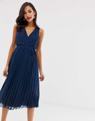 ASOS DESIGN wrap bodice midi dress with tie waist and pleat skirt - ASOS Price Checker