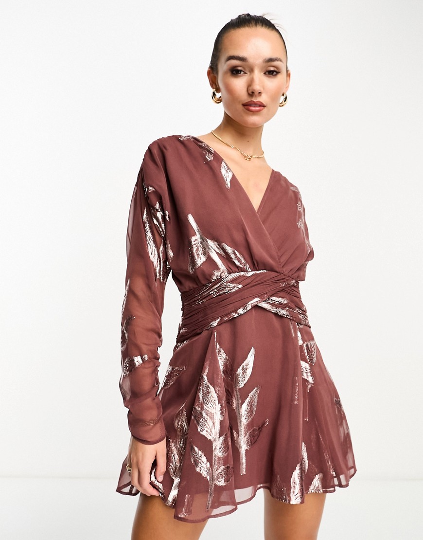 ASOS DESIGN wrap bodice mini tea dress in mocha metallic jacquard-Brown
