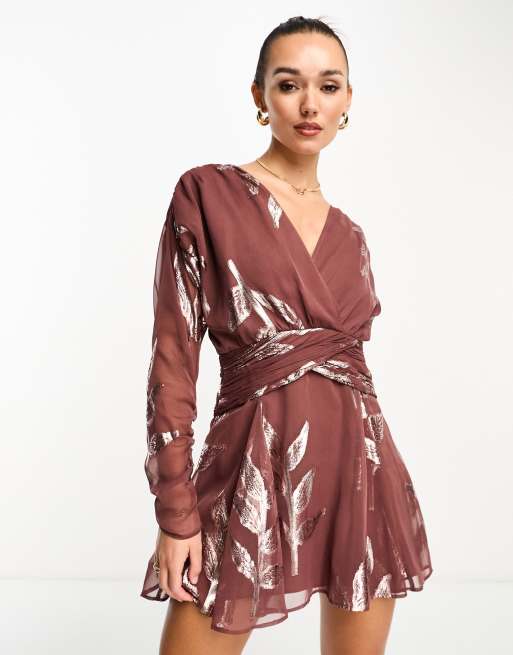 ASOS DESIGN wrap bodice mini tea dress in mocha metallic jacquard