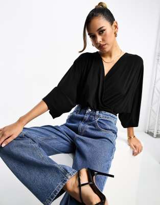 Asos Design Wrap Bodysuit With Angel Sleeve In Black In Black
