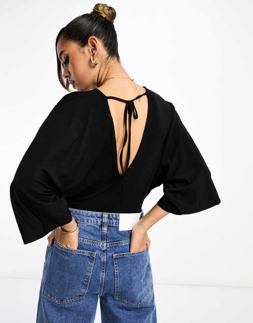 ASOS DESIGN wrap bodysuit with angel sleeve in black, 2 of 4