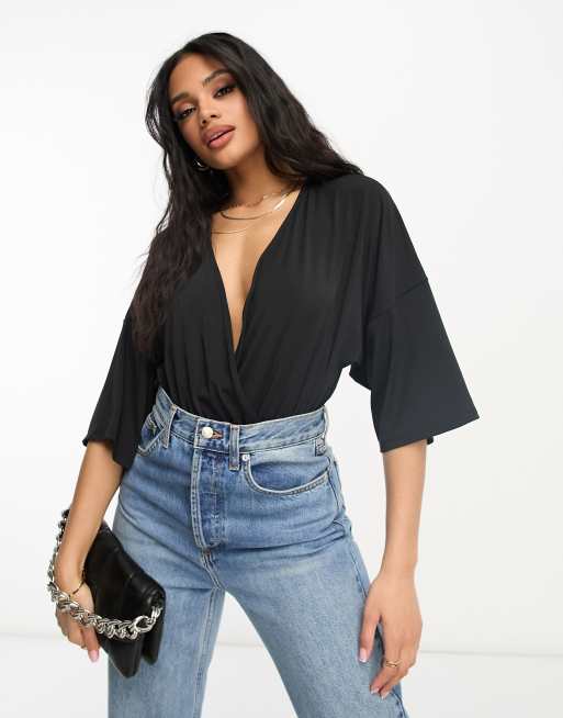 エイソス ASOS DESIGN wrap bodysuit with angel sleeve in black レディース