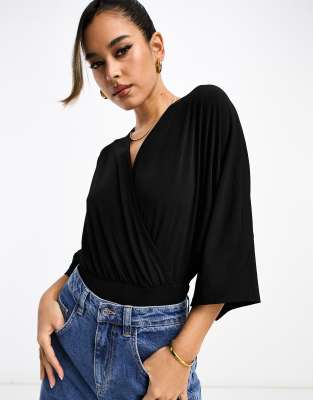 Asos Design Wrap Bodysuit With Angel Sleeve In Black In Black