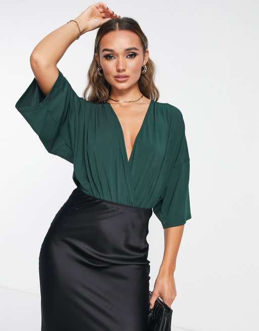 ASOS DESIGN wrap bodysuit with angel sleeve in dark green