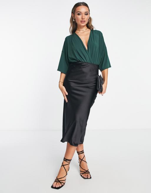 ASOS DESIGN wrap bodysuit with angel sleeve in dark green