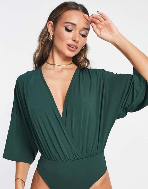 ASOS DESIGN wrap bodysuit with angel sleeve in dark green