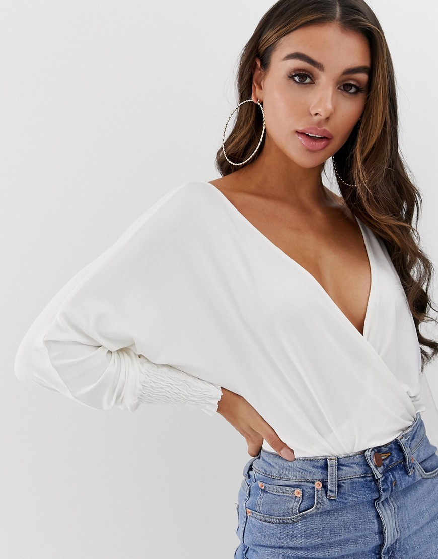 ASOS DESIGN wrap bodysuit with shirred cuff and open back-Cream