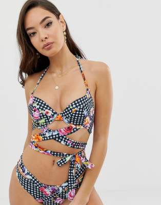 ASOS DESIGN wrap brazilian bikini bottom in textured floral gingham print-Multi