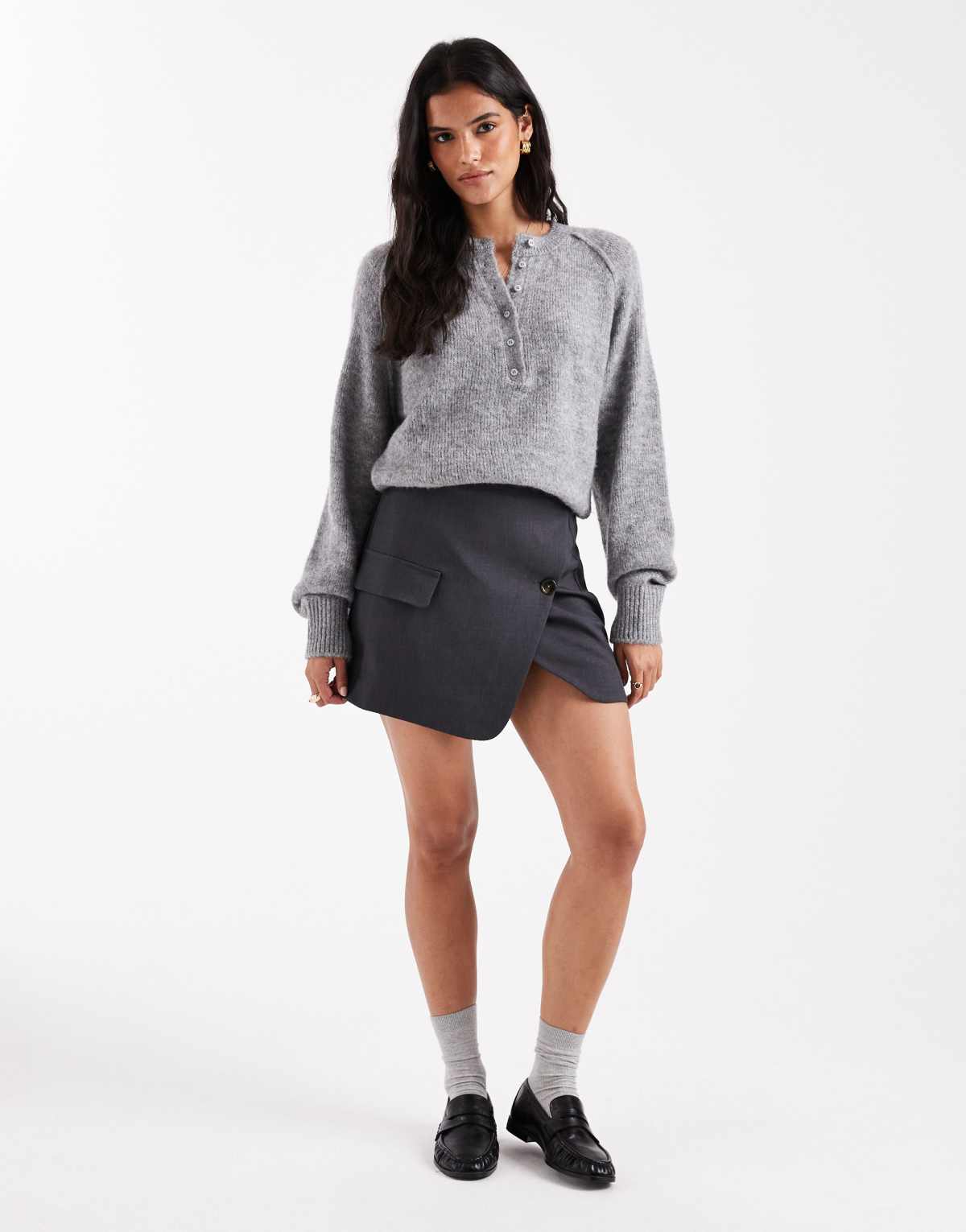 ASOS DESIGN wrap button and pocket detail mini skirt in grey