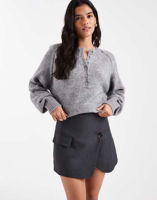 ASOS DESIGN wrap button and pocket detail mini skirt in grey, 4 of 5
